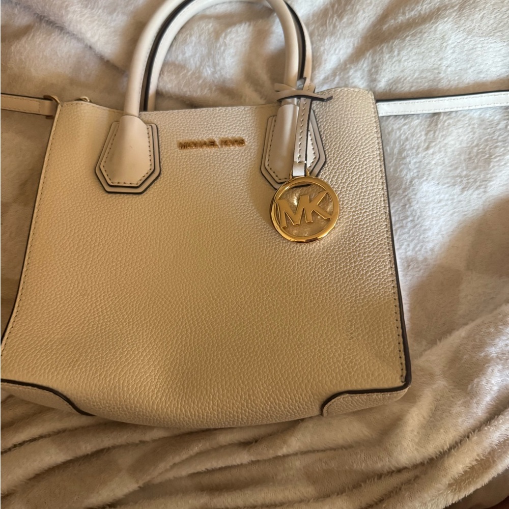 Michael Kors medium Mercer pebbled leather Cream Satchel with Gold Accents